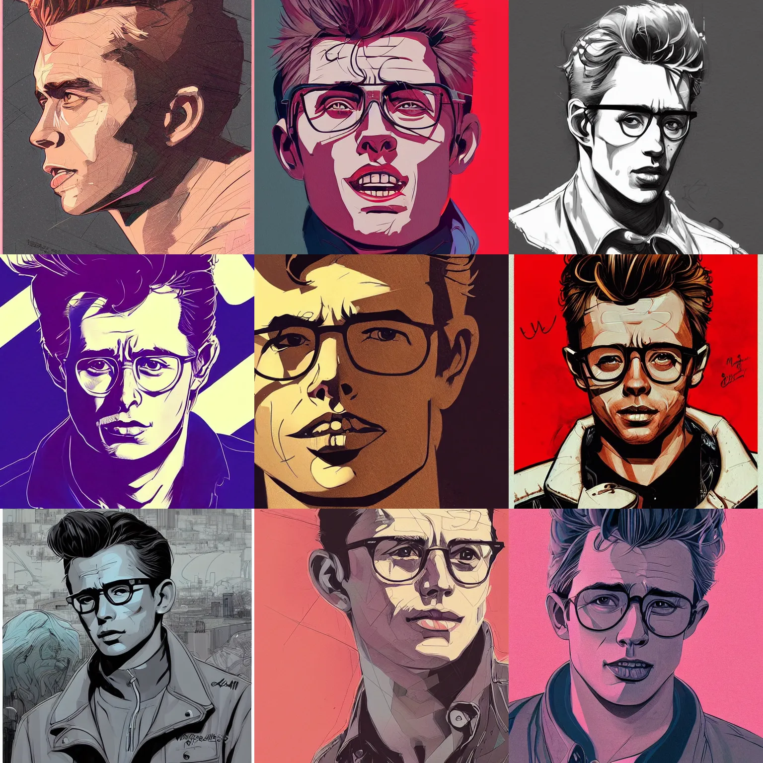 Prompt: a study of cell shaded portrait of James Dean concept art, llustration, post grunge, concept art by josan gonzales and wlop, by james jean, Victo ngai, David Rubín, Mike Mignola, Laurie Greasley, highly detailed, sharp focus, alien, Trending on Artstation, HQ, deviantart, art by artgem