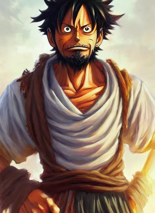 Prompt: luffy as fantasy style portrait painting of brown wavy hair beard rpg dnd oil painting unreal _ 5 _ daz. _ rpg _ portrait _ extremely _ detailed _ artgerm _ greg _ rutkowski _ greg