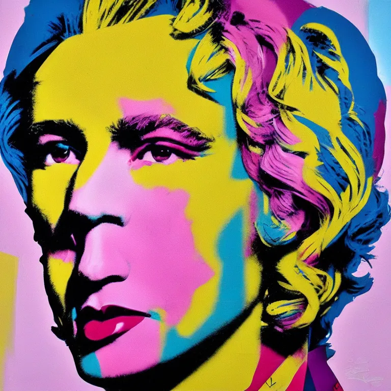 Prompt: Street-art portrait of Andy Warhol in style of Eduardo Kobra, realistic, 35mm