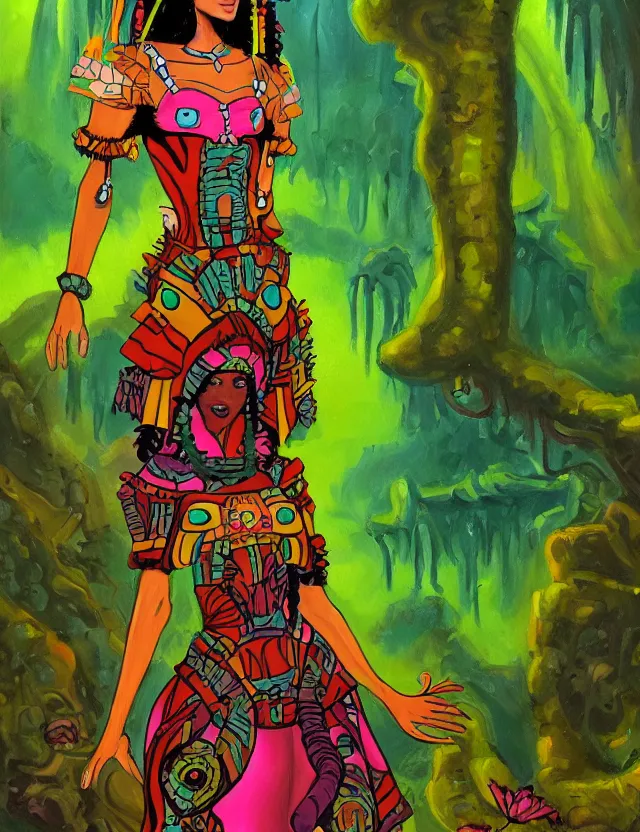 Prompt: aztec scifi princess of the fungus rainforest, wearing a lovely dress. this oil painting by the beloved children's comic artist has an interesting color scheme and impeccable lighting.