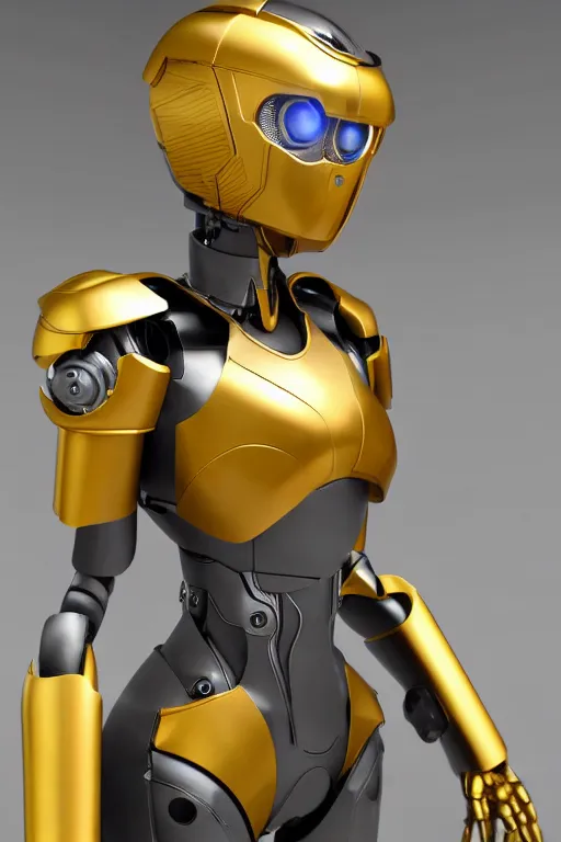 Prompt: maria of metropolis, humanoid robot, golden full body armor, beautiful helmet in the shape of a face, cyborg eyes glowing yellow, scifi, futuristic, raytracing, glowwave, sharp focus, cinematic lighting, artstation, divine, unreal engine 5 rendered, by fritz lang, art style by pixar warner bros dreamworks disney riot games and overwatch