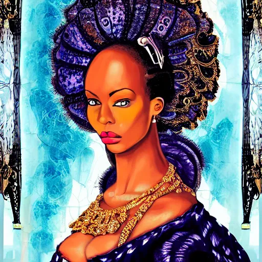 Prompt: hyperdetailed maximalist elaborate half - lenght portrait of a futuristic a beautiful black girl, wearing luxury clothing. rococo architecture, in the style of modigliani and mixed media collage. matte background hd 8 x