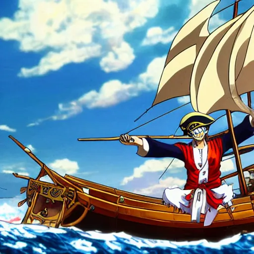 Prompt: emmanuel macron in a pirate boat, in One Piece Anime Series, 4k Resolution.