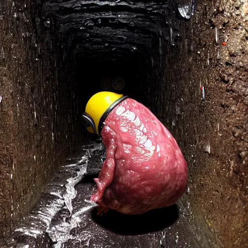 Prompt: glistening wet meaty minion crawling on its knees through a small tunnel, looking up towards the camera, horrifying atmosphere, cave photograph