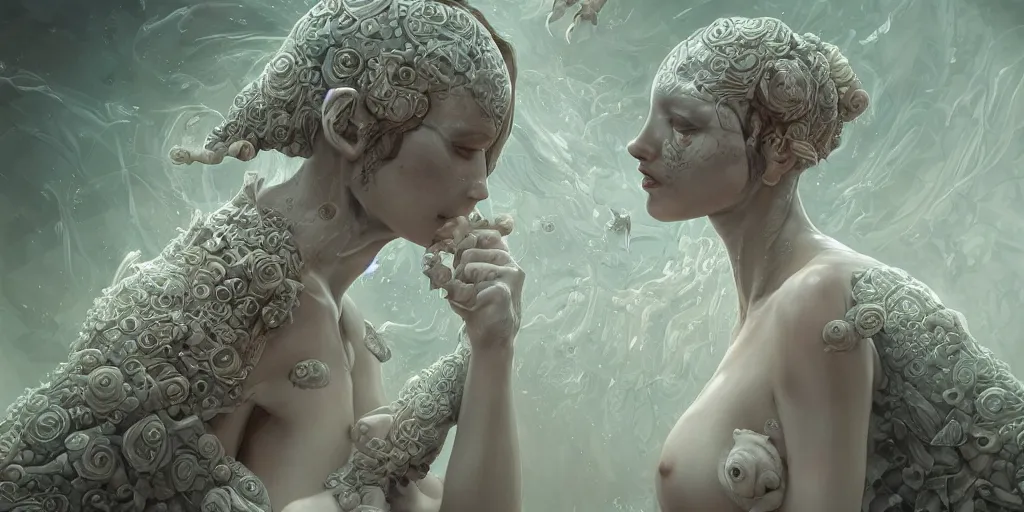 Image similar to hyperrealistic solarpunk photography of a highly detailed and symmetrical gorgeous cyborg nymph awash in a sea of milk in the style of beth cavener, jin kagetsu, james jean and wlop, face symmetry, masterpiece, award - winning, sharp focus, intricate concept art, ambient lighting, 8 k, artstation