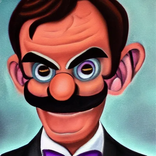 Image similar to waluigi as a mobster, highly detailed, oil painting,