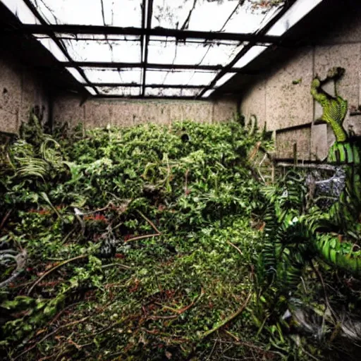 Image similar to abandoned, overgrown, underground bunker. giant mutated venus flytrap room.