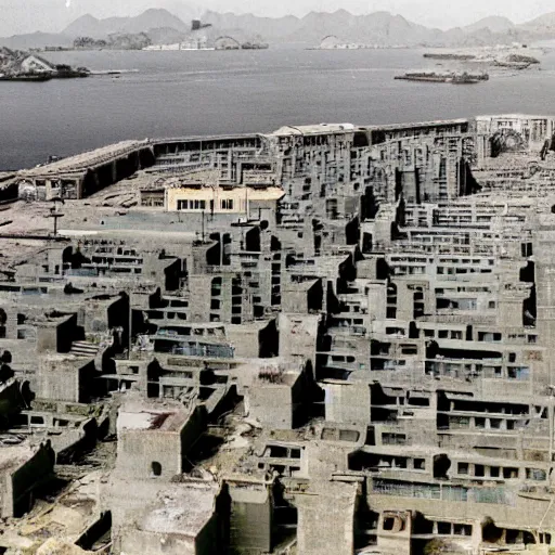 Image similar to brutalist city, prison city, totalitarian prison island, hashima island, rundown buildings, military buildings, prison complex, colorized 1 6 mm photo