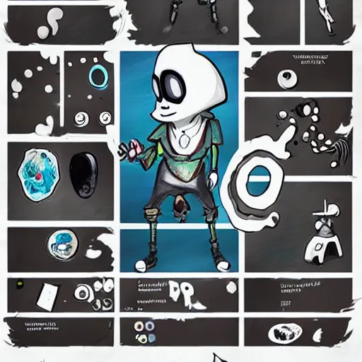 Image similar to character design sheets for a nonbinary androgynous gothic manta ray person who sells empty spray paint cans as a scam and is always covered in paint and clay and acting shady, designed by splatoon nintendo, inspired by tim shafer psychonauts 2 by double fine, cgi, professional design, gaming