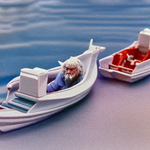 Image similar to beautiful hyperrealism three point perspective film still of Gandalf the grey boat racing in Miami Vice(1988) extreme closeup portrait in style of 1990s frontiers in translucent porclein miniature street photography seinen manga fashion edition, miniature porcelain model, focus on face, eye contact, tilt shift style scene background, soft lighting, Kodak Portra 400, cinematic style, telephoto by Emmanuel Lubezki