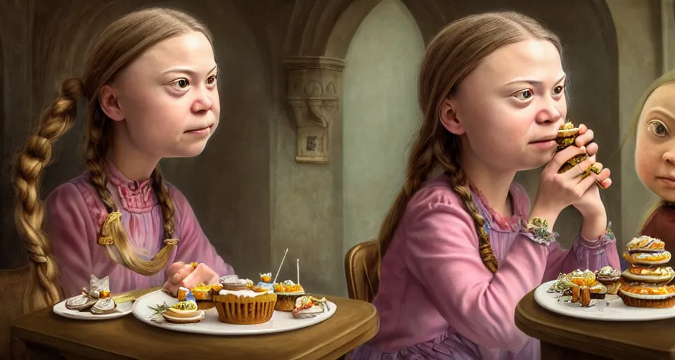 Image similar to closeup profile portrait of greta thunberg as a fairytale princess eating cakes with a a medieval goblin in the castle kitchen, nicoletta ceccoli, mark ryden, lostfish, max fleischer, hyper realistic, artstation, illustration, digital paint, matte paint, vivid colors, bright, cheerful, detailed and intricate environment