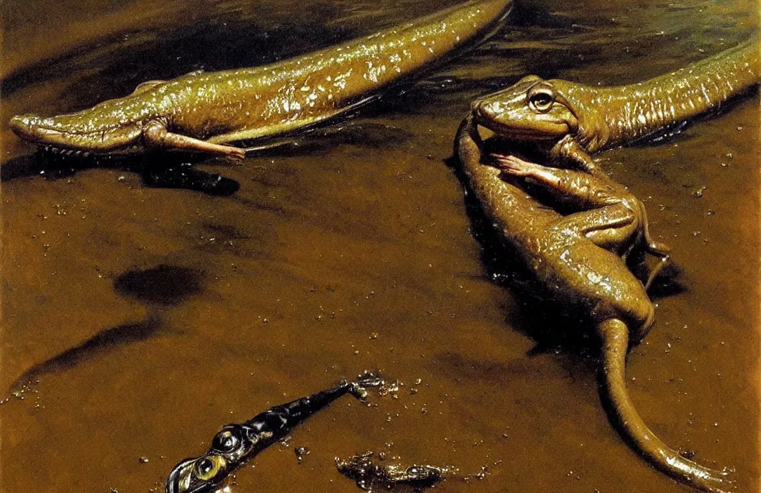 Image similar to portrait of a mudskipper!!!!!!!!!!!!!!!!!!!!!!!!!!!, detailed face, detailed painting, epic lighting, by ilya repin, phil hale and kent williams