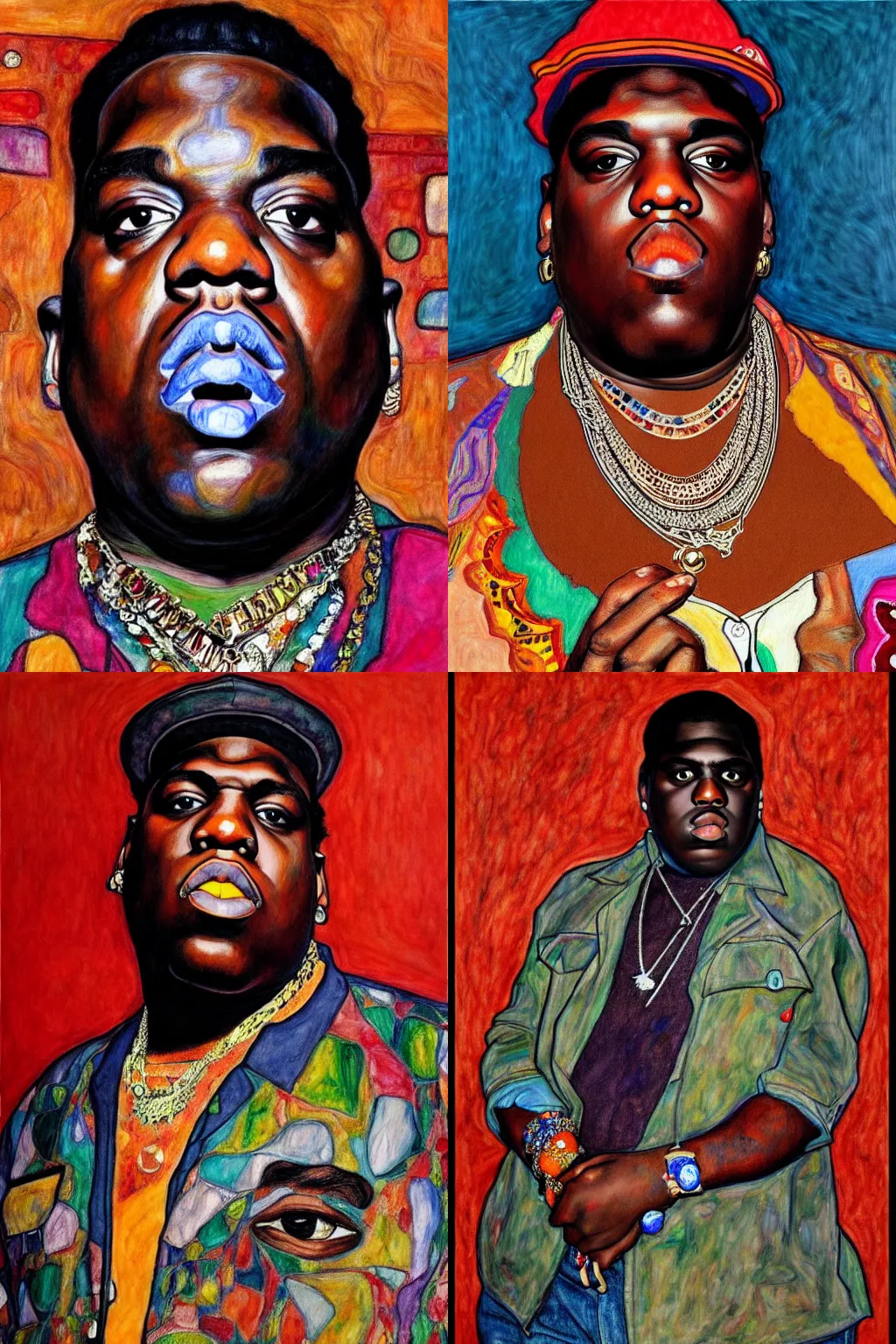 Prompt: a portrait of biggie smalls wearing boho - chic style clothes, full body!!, realistic painting in egon schiele style, masterpiece, hyperdetailed, complex, intricate, 4 k, trending on artstation