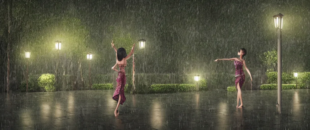 Image similar to raining at night pole lights woman dance group meditation emotion on javanese style garden, octane render, trees, evergreen, patio, garden, wet atmosphere, tender, soft light misty yoshitaka amano, and artgerm