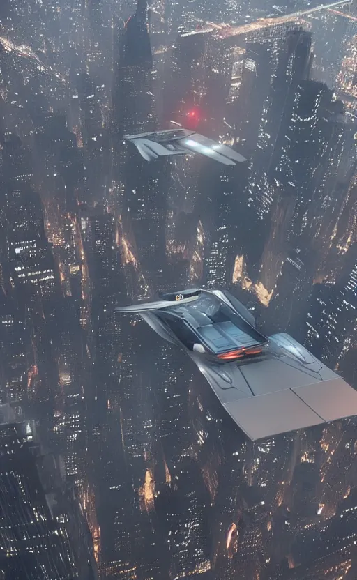 Prompt: a spaceship designed by peter schreyer flying over NYC in style of blade runner 2049