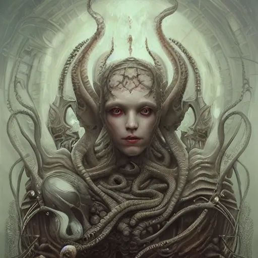 Prompt: by Tom Bagshaw, ultra realist soft painting of lovecraft universe of curiosities, single female Cthulhu mutation in ornated gothic armor, partial symmetry accurate features, very intricate details, focus, curvy, award winning, ultra dense fog