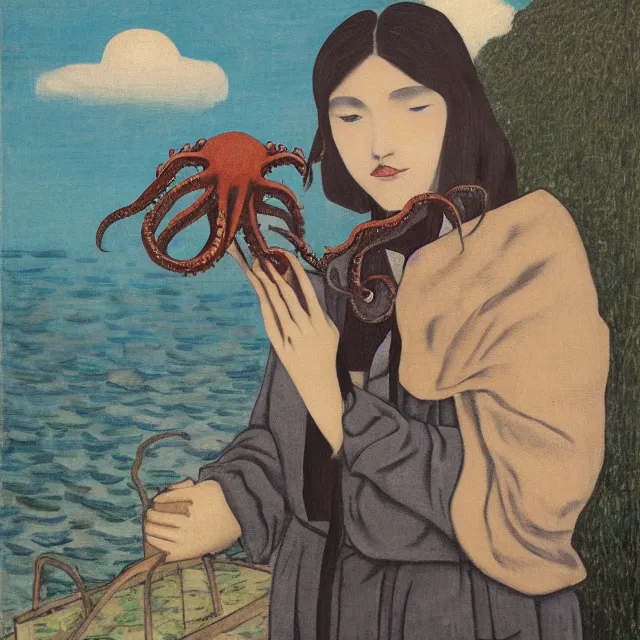 Image similar to tall emo girl artist holding an octopus, in odawara, books, small portraits, gourds, berries, pigs, acrylic on canvas, surrealist, by magritte and monet