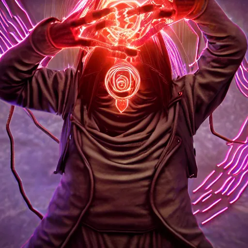 Prompt: A necromancer pulsing with necrotic energy, Art by Shintaro Kago, power auras, sigils, tattered cloth robes, substance 3d painter, PBR textures, Physical based rendering, cinematic, hyper realism, high detail, octane render, unreal engine, 8k, Vibrant colors, Smooth gradients, High contrast, depth of field, aperture f2.8