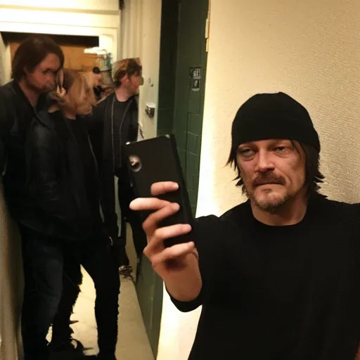 Prompt: Norman Reedus taking a selfie in the backrooms hallway, liminal space hallway, backrooms, selfie photo