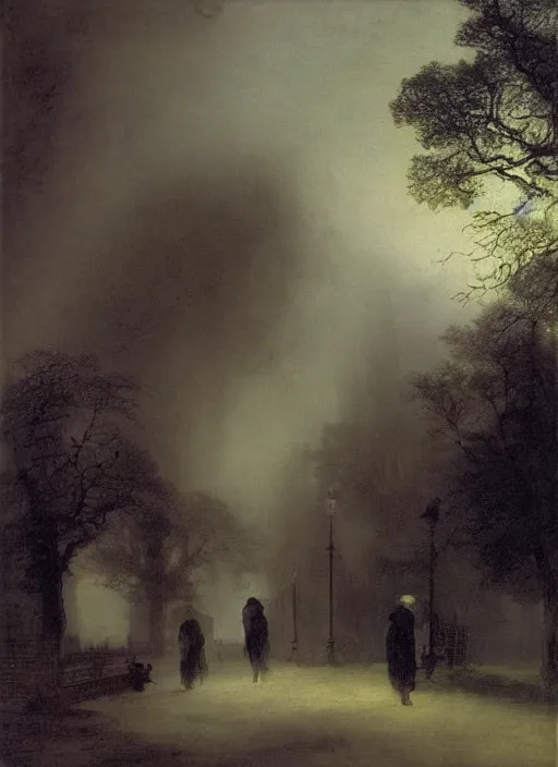 Image similar to 1 9 th century london, shady alleys, pub, thick fog, coherent composition art by caspar david friedrich, thomas lawrence, john martin