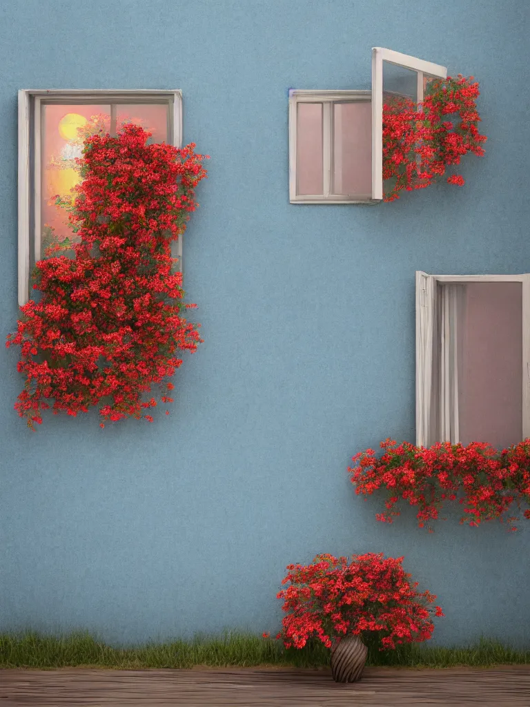 Image similar to a single old house window with a vase of red flowers with view to a sunrise, blue wall, a wooden chair near the window, concept art, octane render, unreal engine 5, trending on deviantart, highly detailed, high quality, hd, digital painting, masterpiece, geometric, symmetrical, low contrast, beautiful, high coherence, natural lighting, intense lighting