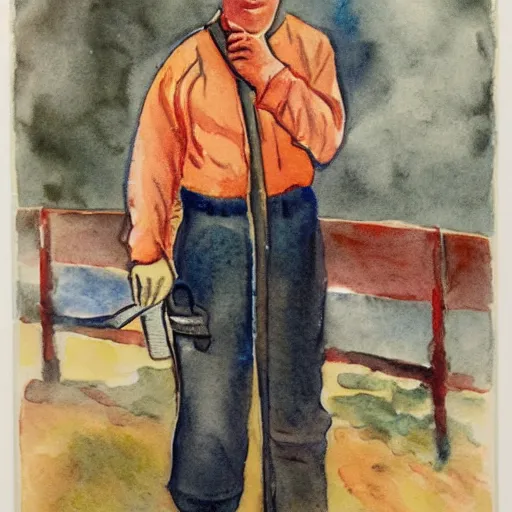 Prompt: Weary firefighter. Watercolor. 1930s