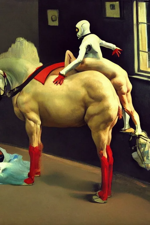 Image similar to fetish game dominantrius dressed as a horse sits on the back of a man dressed as an astronaut, highly detailed painting by francis bacon, edward hopper, adrian ghenie, gerhard richter, and james jean soft light 4 k,