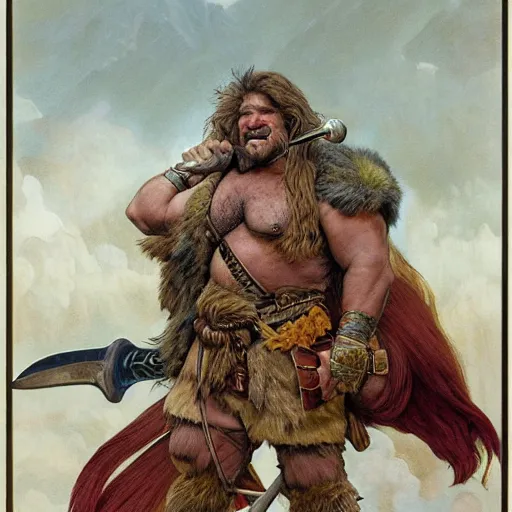 Prompt: an ultradetailed portrait of robin williams dressed as an troll barbarian, standing heroically on top of a cliff, d & d, fantasy, intricate, elegant, highly detailed, digital painting, matte, sharp focus, illustration, giant bone cleaving sword, god rays, art by john collier and albert aublet and krenz cushart and alphonse mucha