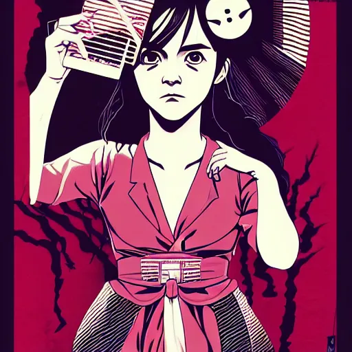 Prompt: a comic book style japanese horror poster of Emma Watson by dan mumford, yusuke murata and junji ito, blood lines, yokai, shinigami, eyes, shurikens, kanji, synthwave, 8k, unreal engine, trending on artstation, pixiv, intricate details, volumetric lighting