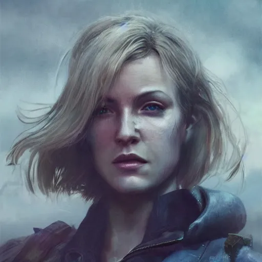 Image similar to fallout 5, charismatic beautiful rugged blonde female protagonist, portrait, outdoors ruined cityscape, atmospheric lighting, painted, intricate, volumetric lighting, beautiful, daytime, slight overcast weather, sharp focus, deep colours, ultra detailed, by leesha hannigan, ross tran, thierry doizon, kai carpenter, ignacio fernandez rios