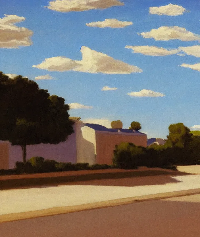 Image similar to a painting of a blue sky with aesthetic clouds, very fine brush strokes, in the style of edward hopper, 4 k,