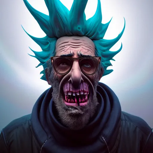 Image similar to apocalyptic rick sanchez portrait with twisted ribbed face by rutkowsky and charles vess and james jean and erik jones and rhads, baroque, 3 d octane render, beautiful fine face features, intricate high details, sharp, ultradetailed