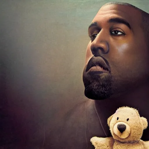 Image similar to A renaissance painting of Kanye West with a anthropomorphic Teddy Bear mascot, portrait, album cover,