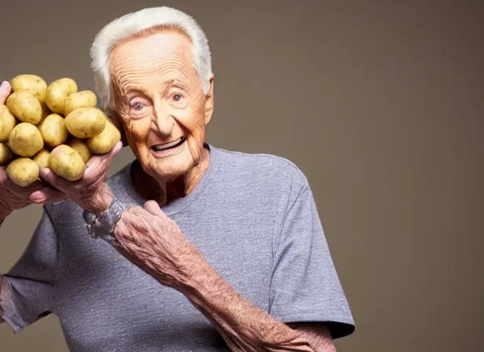 Prompt: studio portrait photo still of bob barker!!!!!!!! at age 7 3 years old 7 3 years of age!!!!!!! wearing a tank top holding a bag of potatos, 8 k, 8 5 mm f 1. 8, studio lighting, rim light, right side key light