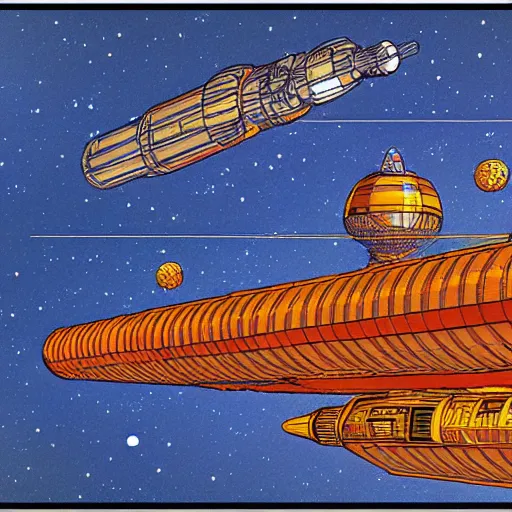 Image similar to space station in the style of Jean Giraud Moebius