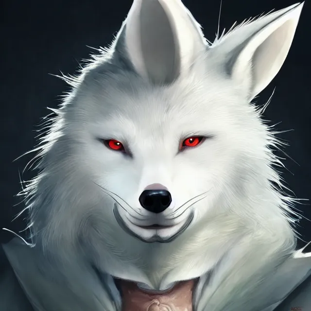 Image similar to a beautiful portrait of a cute anthropomorphic humanoid white wolf fursona. big eyes. character design by cory loftis fenghua zhong ryohei hase isma