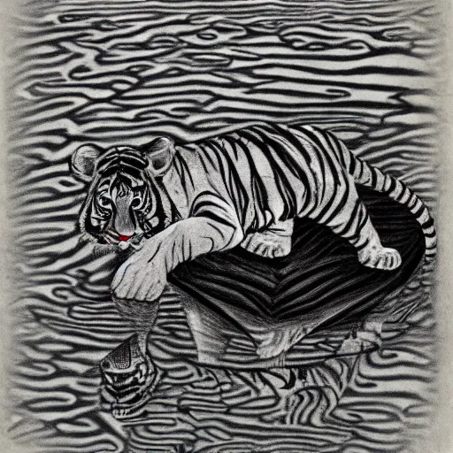 Image similar to drawing of a tiger cubs floating upside down in a pond of black oil, outsider art style