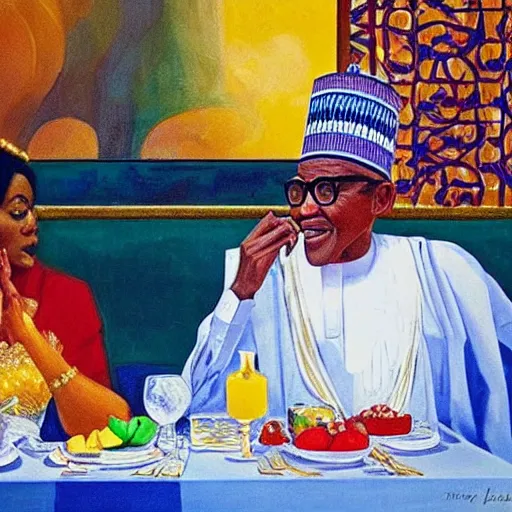 Image similar to president buhari eating at a regal buffet ultra detailed beautiful setting elegant event nigerian party minimalist gold ornaments iridescent lighting glamour in the style of edward hooper and henri matisse yinka shonibare oil painting