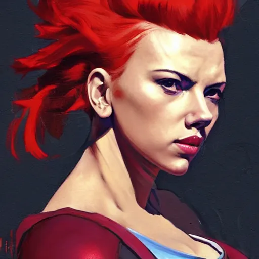 Image similar to greg manchess portrait of scarlett johansson as thick muscular weightlifter zarya from overwatch with ponytail and red hair, medium shot, asymmetrical, profile picture, organic painting, sunny day, matte painting, bold shapes, hard edges, street art, trending on artstation, by huang guangjian and gil elvgren and sachin teng