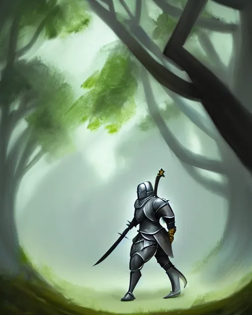 Image similar to concept art of a thicc knight, wearing heavy medival knight armor, holding a long sword, walking through a foggy oak forest | | epic - fine - clean, polished, trending on artstation, brush strokes