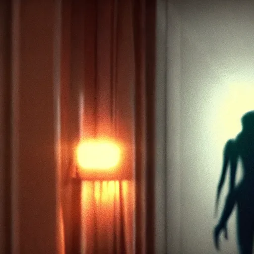 Prompt: A gangly humanoid monster running towards a person sleeping in a bed, Horror Movie Trailer Screenshot, Jump Scare, Cinematic Lighting, Oscar Winner