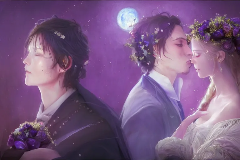 Image similar to a dreamlike cinematic portrait of wedding photograph close up moment of a divine a russia sun god and moon goddess lovers magician at a wedding banquet. portraiture. digital painting. artstation. concept art. fantasy wedding photo. digital painting, 8 k realistic, hyper detailed, violet evergarden art masterpiece by art by krenz cushart