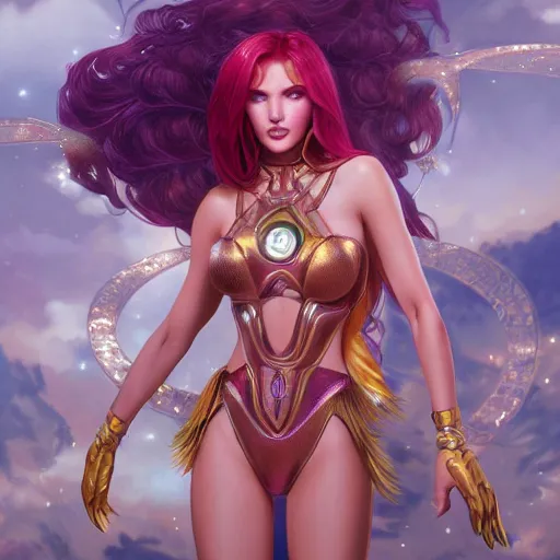Image similar to ultra realistic illustration, bella thorne as starfire anime, intricate, elegant, highly detailed, digital painting, artstation, concept art, smooth, sharp focus, illustration, art by artgerm and greg rutkowski and alphonse mucha and wlop