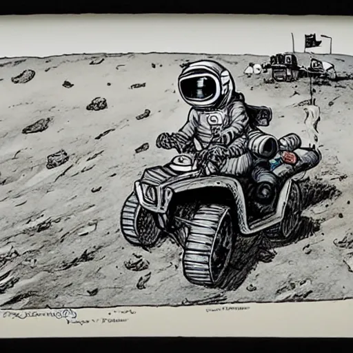 Prompt: painting of monkey wearing a space helmet riding an atv on the moon, jack davis style