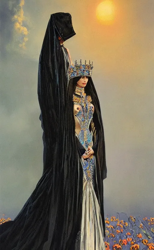 Image similar to an oil painting of a queen in a black funeral dresst, by bruce pennington