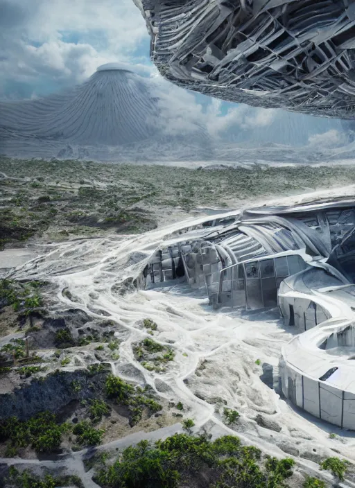 Image similar to bioremediation white mining tailing futuristic horizontal architecture in chuquicamata, epic, cinematic, hyperealistic, high detailed, corona render, hdr, ray tracing