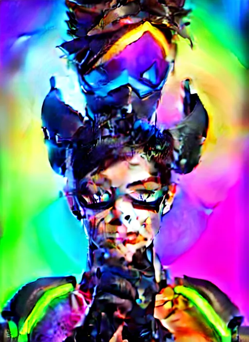 Image similar to full body overwatch style oil painting portrait of tracer overwatch, confident pose, full body, full body, wearing black jagged iridescent rainbow latex armor, rainbow, neon, 4 k, expressive surprised expression, makeup, wearing large rainbow neon choker, studio lighting, acid, trippy, black leather harness, expressive detailed face and eyes,