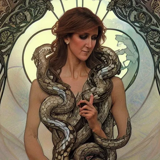 Image similar to amazing lifelike award winning pencil illustration of Celine Dion with many snakes for hair trending on art station artgerm Greg rutkowski alphonse mucha cinematic