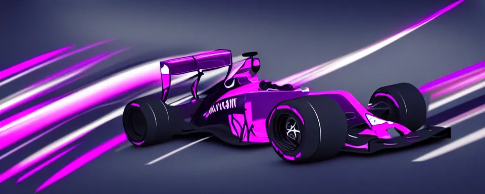 Image similar to abstract illustration of a formula one car, synthwave, purple and pink, motion blur, light streaks, octane render