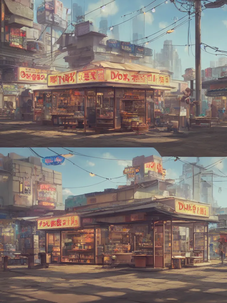 Prompt: A highly detailed matte painting of a single small building, donut snack bar with take away counter with sign by Studio Ghibli, Makoto Shinkai, by Artgerm, by WLOP, by Greg Rutkowski, volumetric lighting, cyberpunk, octane render, 4K resolution, trending on artstation, masterpiece